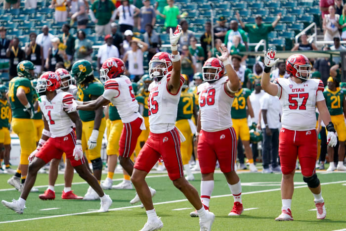 Sep 9, 2023; Waco, Texas, USA; Utah Utes cornerback Tao Johnson (15) celebrates the win against the Baylor Bears at McLane Stadium. Mandatory Credit: Raymond Carlin III-USA TODAY Sports
